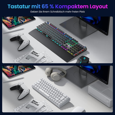 TECURS Gaming Tastatur - RGB Mechanische Tastatur Kabellos Bluetooth/2.4G/Mit Kabel, 65% QWERTZ Gamer Tastatur mit Rote Schalter für PC/Laptop/PS4/PS5, Weiß