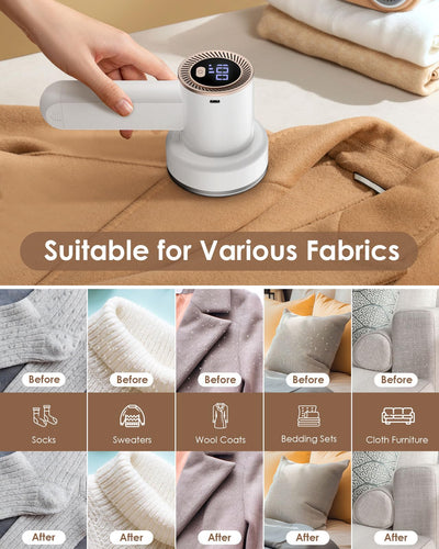 HOMEASY Fusselrasierer Elektrisch Tragbar Fusselentferner Aufladbar Fusselfräse LCD Anzeige mit 6 Klingen Kopf 3 Geschwindigkeiten 2 Ersatzklingen Reinigungsbürste Weiß