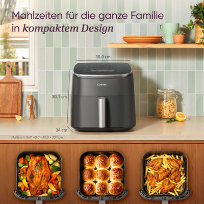 Cosori Turboblaze Heißluftfritteuse Airfryer, 9-in-1 Air Fryer XXL 6L, leiser DC Motor mit 5 Geschwindigkeitsstufen, Grillen, Backen, Gären, Dehydrieren, 87 Rezepte, 64% energiesparend, Weiß