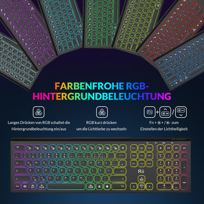 Rii Bluetooth Tastatur Kabellos, Gaming Tastatur Bluetooth mit QWERTZ, Tastatur Gaming Keyboard mit Halterung, Kabellose Tastatur Beleuchtet für PC/Tablet