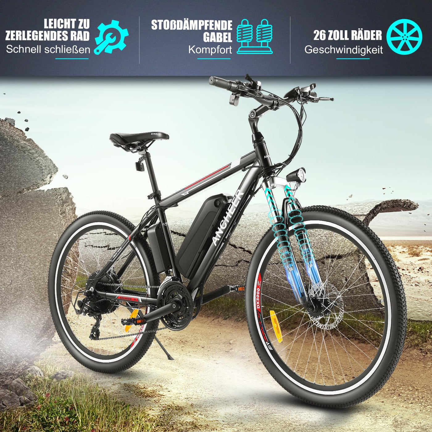 ANCHEER 26 Zoll E Bike, Elektrofahrräder für Damen und Herren, Electric Bike/Pedelec mit 36V 10.4Ah Batterie, 3 Modi, 250W Motor & 45NM, bis zu 100km