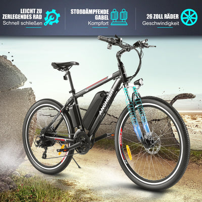 ANCHEER 26 Zoll E Bike, Elektrofahrräder für Damen und Herren, Electric Bike/Pedelec mit 36V 10.4Ah Batterie, 3 Modi, 250W Motor & 45NM, bis zu 100km