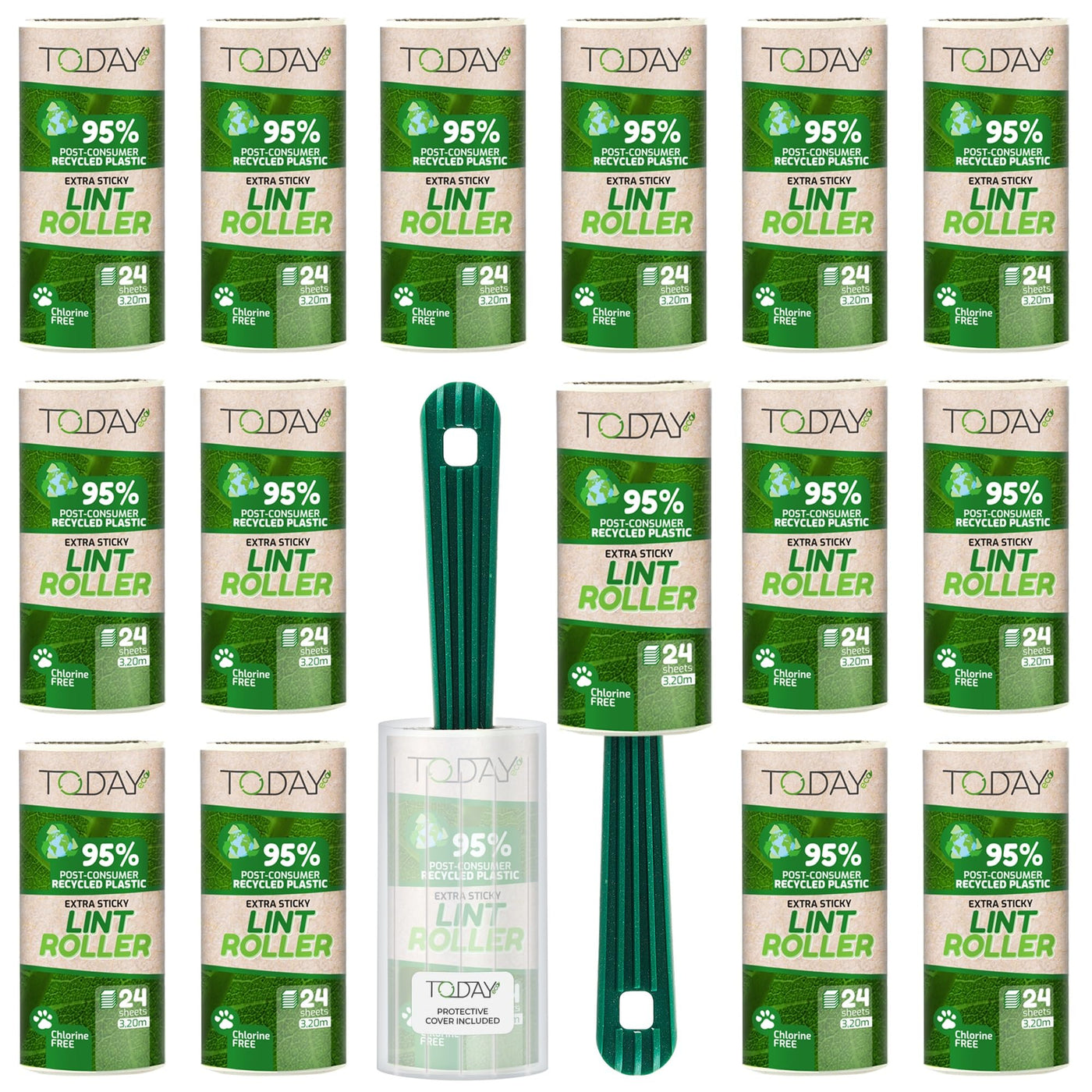 Today Eco - Fusselrolle 16 Rollen + Deckel + 2 Abroller 95% recyceltes Material - Fusselrolle Tierhaare Easy-Peel - Geeignet für Haare, Staub, Kleidung, Tierhare