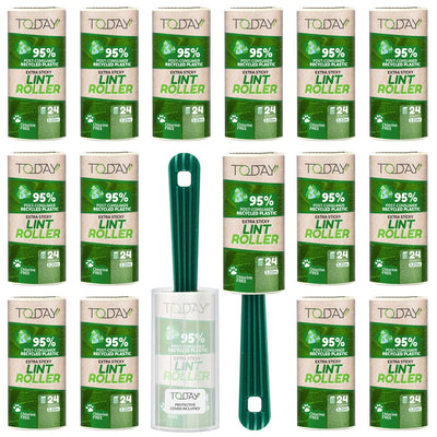 Today Eco - Fusselrolle 16 Rollen + Deckel + 2 Abroller 95% recyceltes Material - Fusselrolle Tierhaare Easy-Peel - Geeignet für Haare, Staub, Kleidung, Tierhare