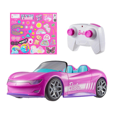 Hot Wheels Barbie Spielzeugauto, ferngesteuertes pinkfarbenes Cabrio, Platz für 2 Barbie-Puppen und Kofferraum lässt sich zum Aufbewahren öffnen, Stickerbogen für Gestaltungsmöglichkeiten, JBH05