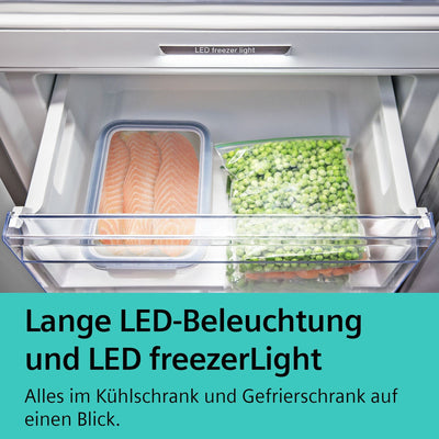 SIEMENS KG39NAIAT Stand-Kühl-Gefrier-Kombination iQ500, freistehende Kühlkombination mit Gefrierbereich unten 203x60 cm, 260L Kühlen, 103L Gefrieren, NoFrost, hyperFresh, bottleCooler, Edelstahl