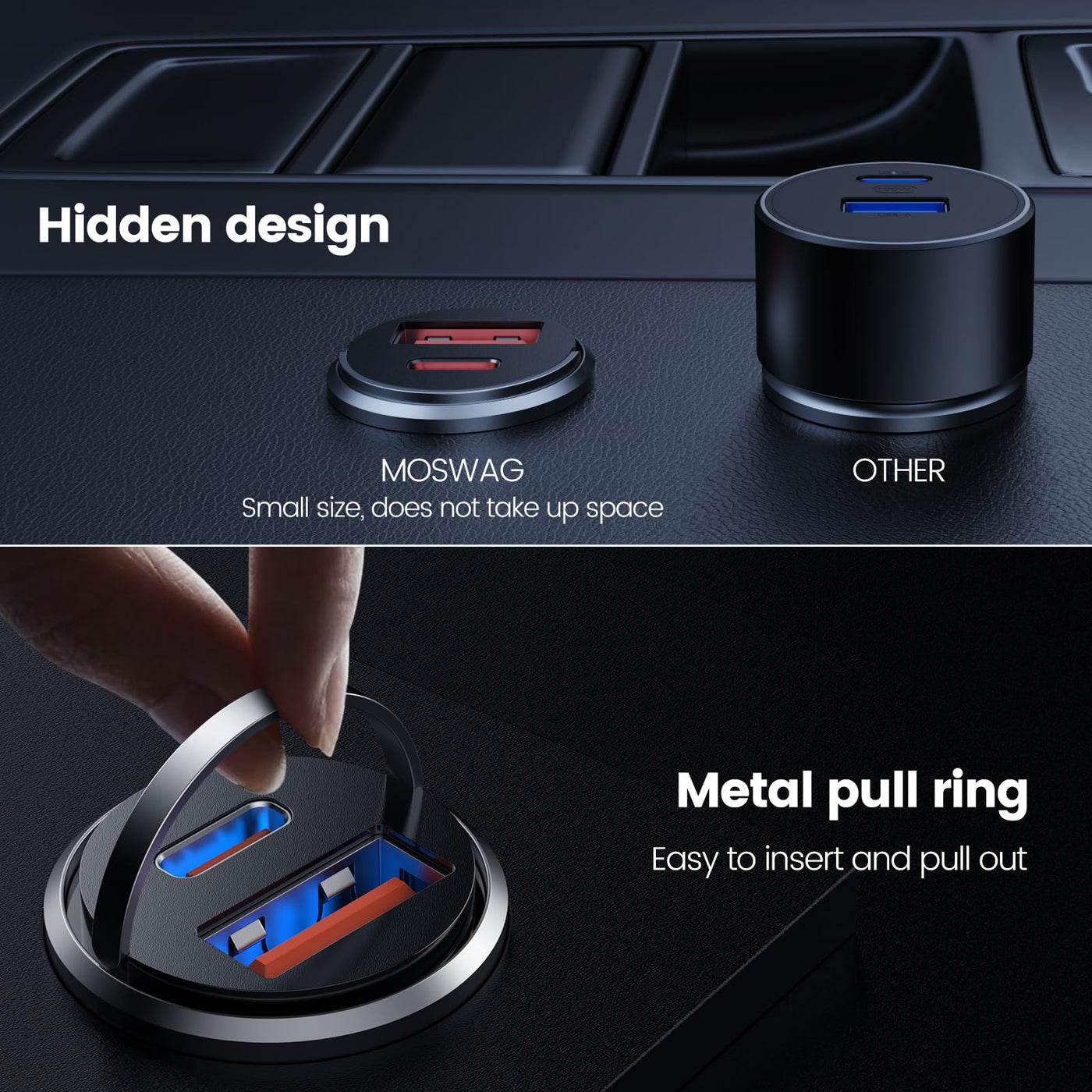 MOSWAG Zigarettenanzünder USB Ladegerät, Mini Autoladegerät USB C QC 3.0, Dual Ports Schnellladegerät Autoladegerät Für iPhone 16 15 Samsung Galaxy und Mehr