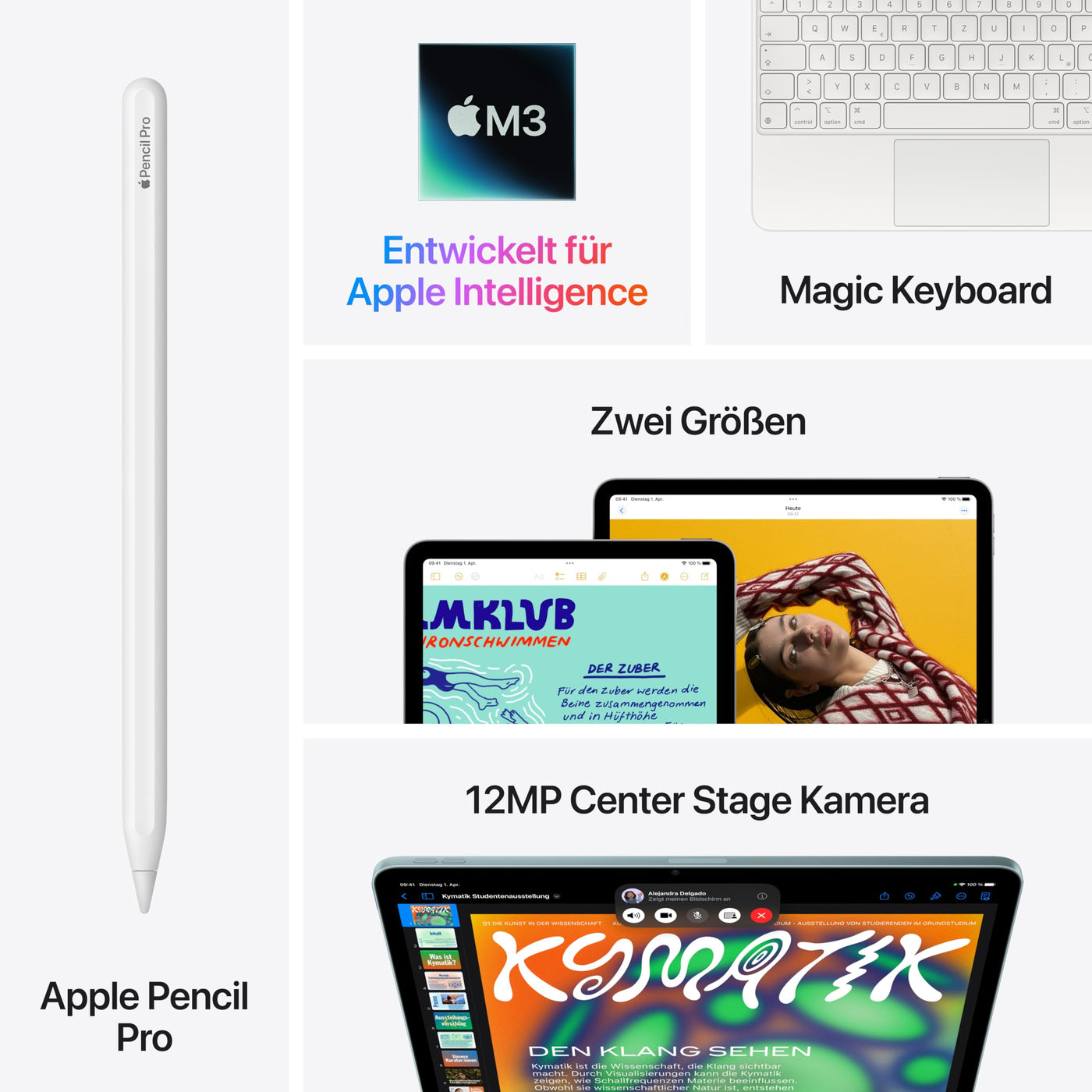 Apple iPad Air 11" mit M3 Chip: Apple Intelligence, Liquid Retina Display, 256 GB, 12 MP Frontkamera/Rückkamera, WLAN 6E, Touch ID, Batterie für den ganzen Tag – Polarstern