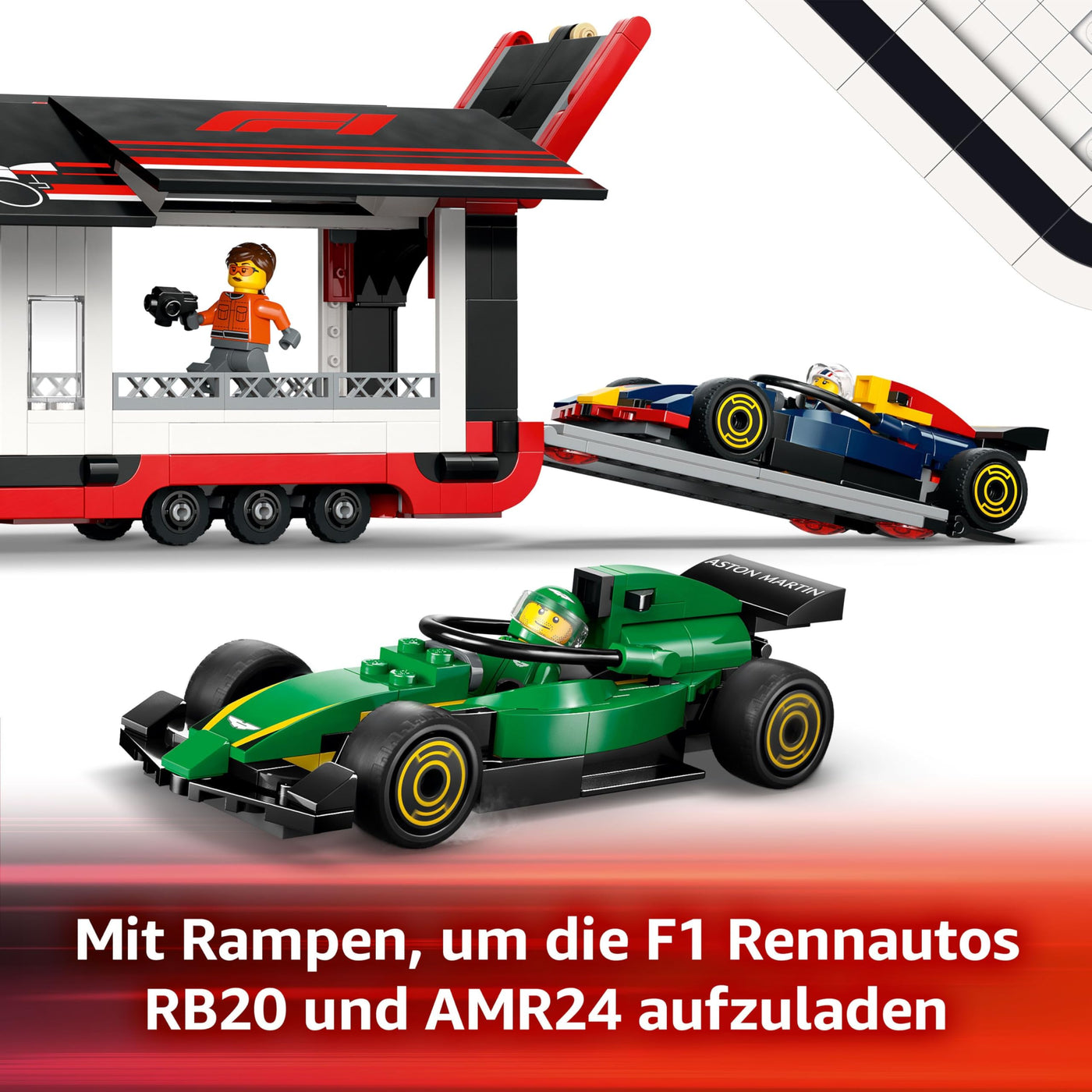 LEGO City F1 Transporter mit RB20 & AMR24 F1 Rennautos - Spielzeug Autotransporter für Red Bull & Aston Martin Formel 1 Teams - Inkl. 5 Minifiguren - Geschenk für Jungen & Mädchen ab 8 Jahren 60445