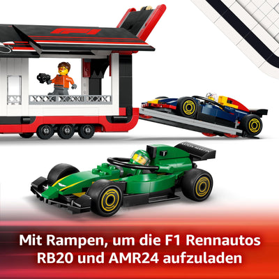 LEGO City F1 Transporter mit RB20 & AMR24 F1 Rennautos - Spielzeug Autotransporter für Red Bull & Aston Martin Formel 1 Teams - Inkl. 5 Minifiguren - Geschenk für Jungen & Mädchen ab 8 Jahren 60445