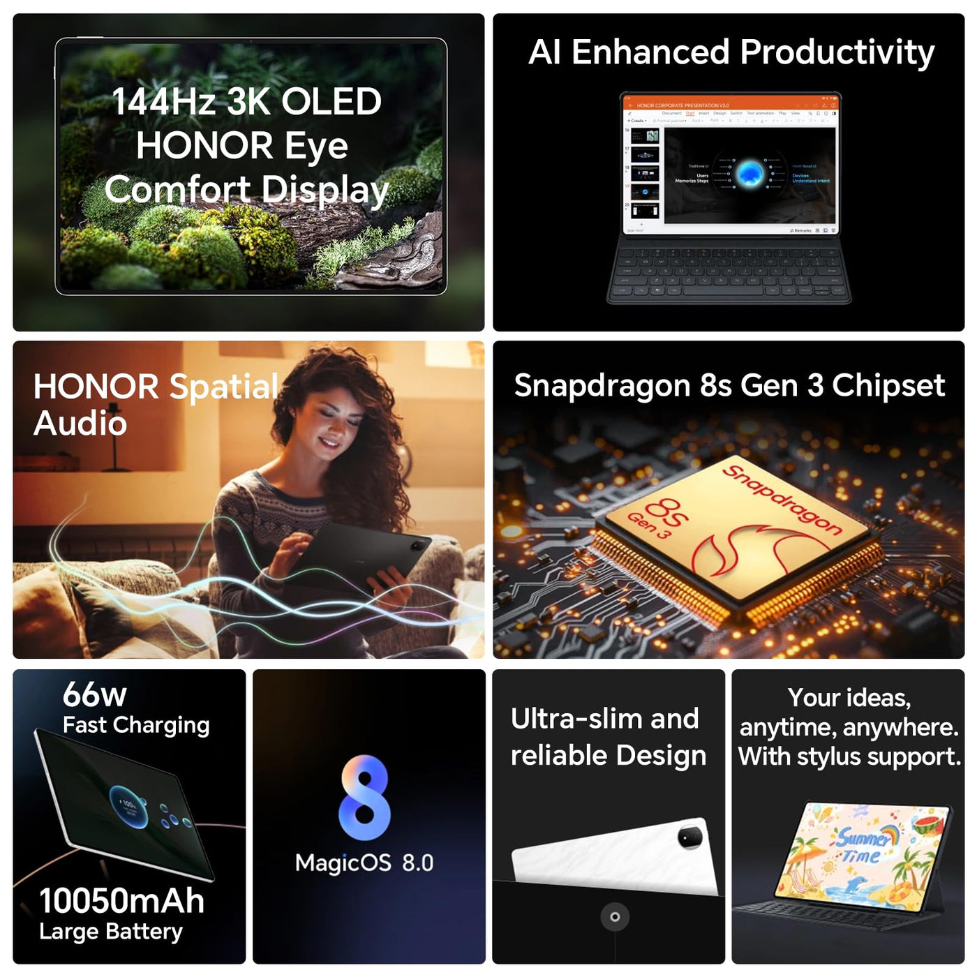 HONOR MagicPad2 Tablet 12GB+256GB, 12,3 Zoll 144Hz OLED Display, Snapdragon 8s Gen 3, 10050mAh Akku, 8 Lautsprecher, Android 14 Tablet WiFi Version, Google Service, Schwarz