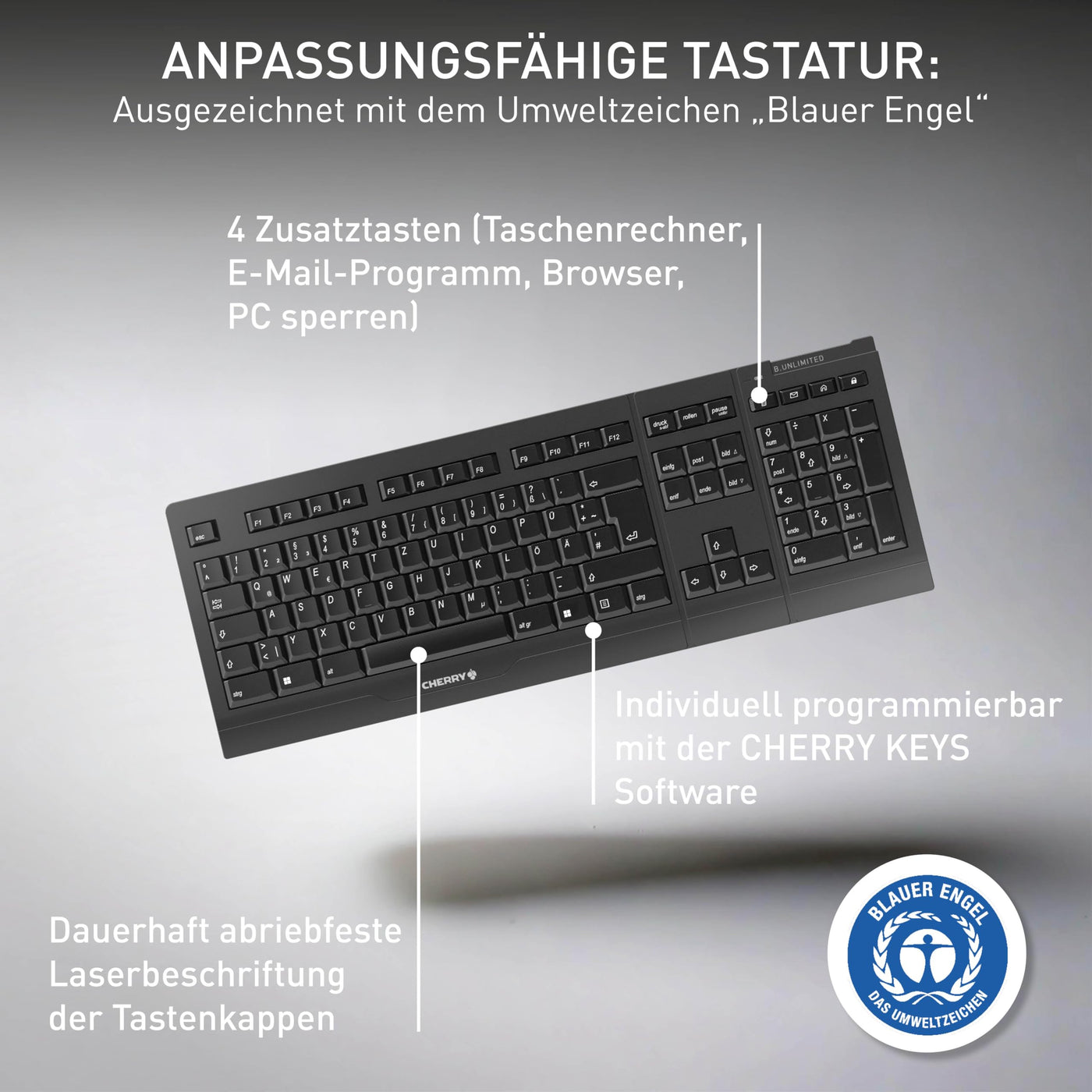 CHERRY B.UNLIMITED 3.0, Kabelloses Tastatur- und Maus-Set, EU-Layout (QWERTY), 2,4 GHz Funk, Dauerhaft Abriebfeste Tasten, Wiederaufladbar, Schwarz