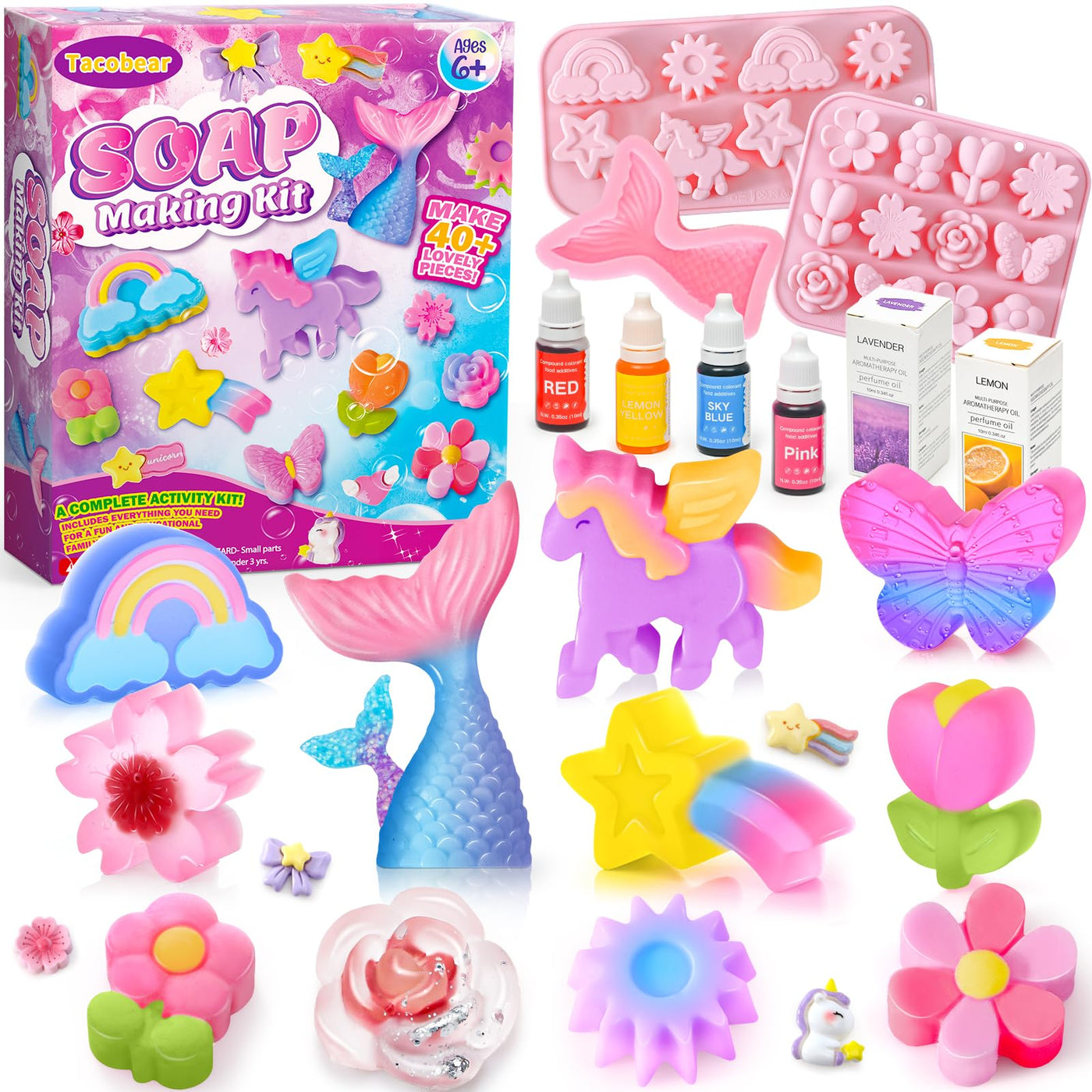 Tacobear Seife Selber Machen Bastelset Kinder 5 6 7 8 9 10 11 12 DIY Set Experimente mit Seifenbasis Einhorn Blume Form Farben Ätherische Öle Geschenke Set Kinder Basteln Kreativ für Mädchen Jungen