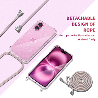 Tikgue Handykette für iPhone 16 Hülle mit Band, Handyhülle mit Kordel zum Umhängen Schutzhülle mit Kette Glitzer Transparent Weich TPU Silikon Bumper - Roségold