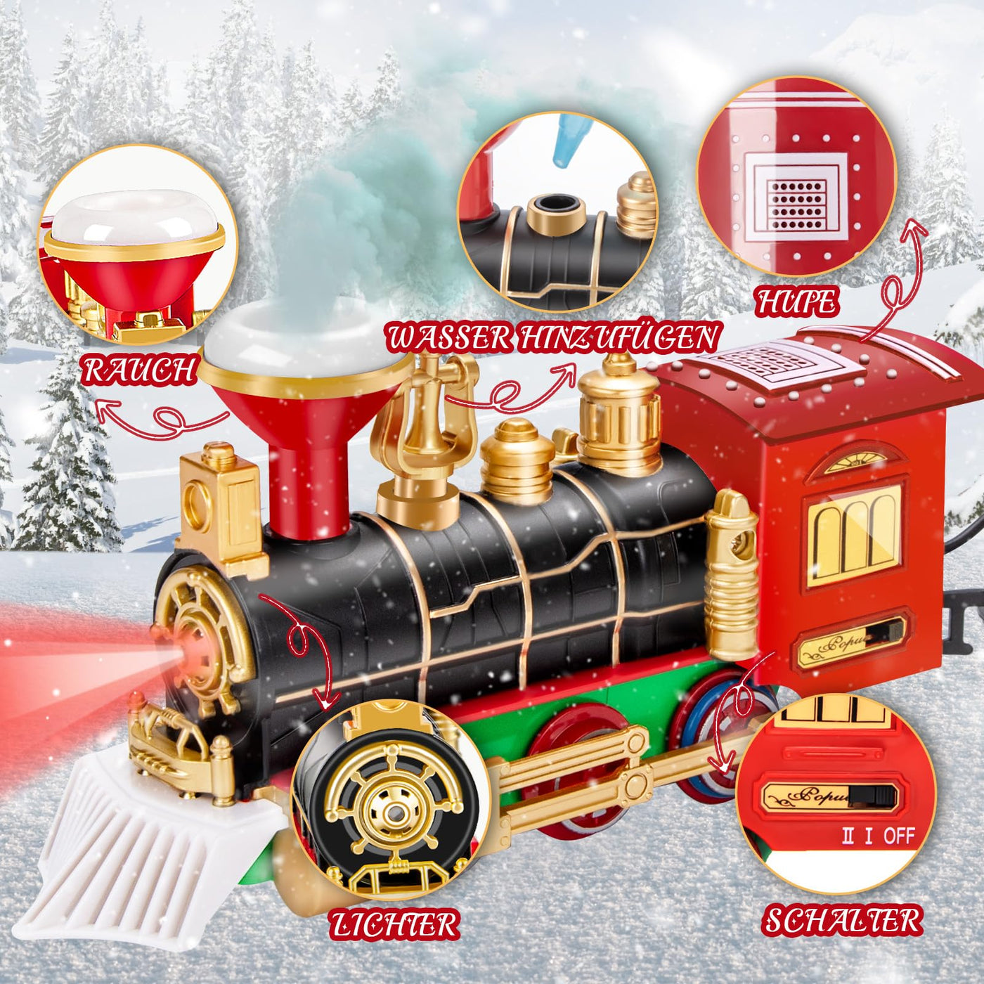 BuzzoXerex Eisenbahn Weihnachtsbaum Elektrisch, Zug Weihnachtsbaum, Weihnachtszug für Den Tannenbaum mit Blauer LED-Lichterkette, Eisenbahn Kinder Elektrisch mit Sound & Dampfeffekt