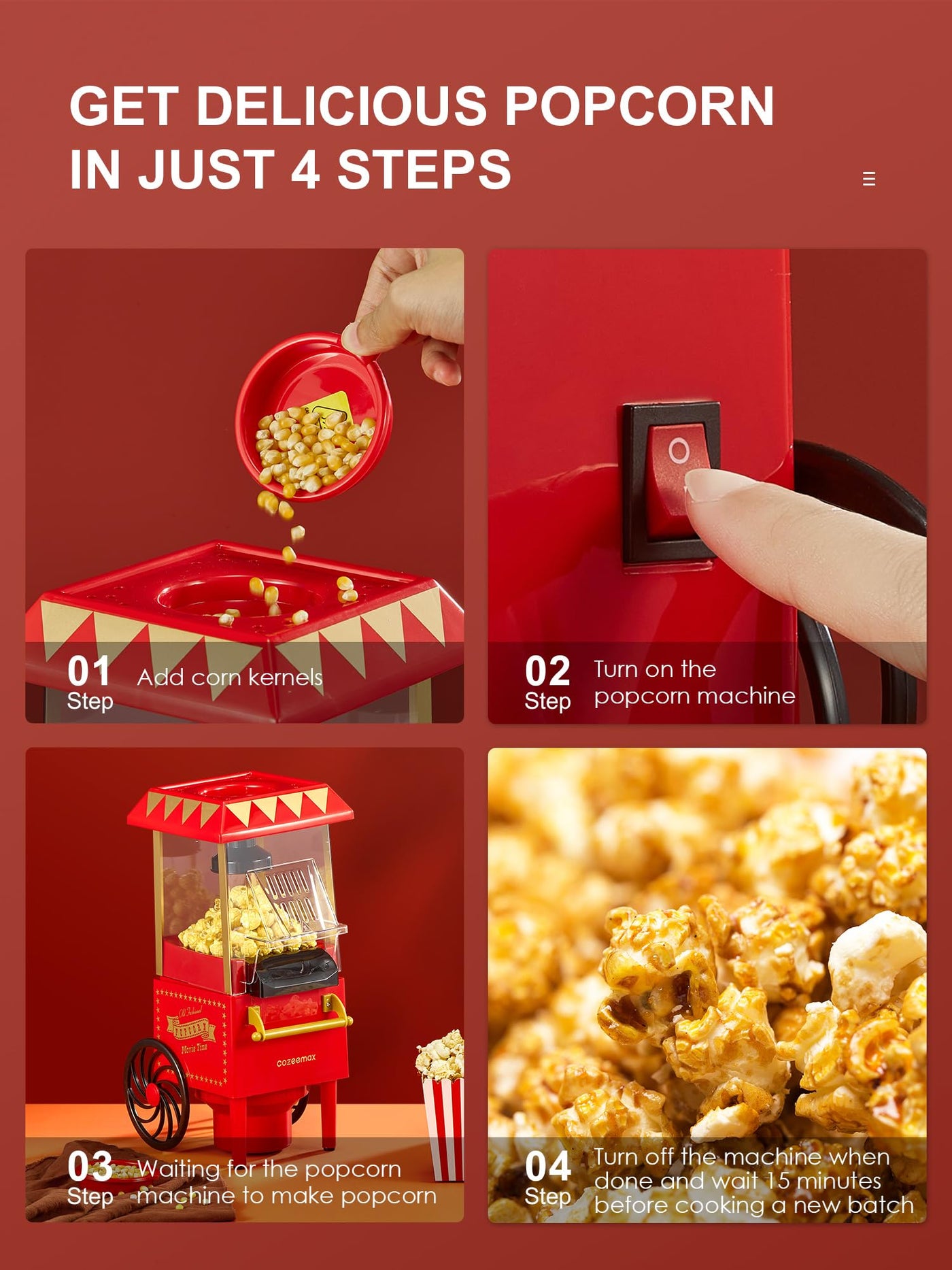 Popcornmaschine Retro, Cozeemax 1200W für Zuhause Popcornmaschine Maker mit Heissluft, Popcorn Machine ohne Fett Fettfrei Ölfrei, Eine-Taste-Operation, Popcorn Popper, Rot