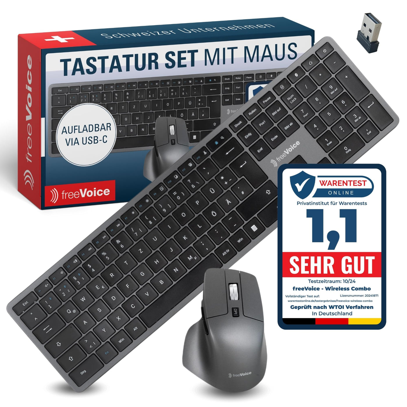 freeVoice Tastatur Set inkl. Maus I Kabellose & wiederaufladbare Tastatur für Laptop & Computer I Leise Computer-Tastatur mit Easy-Switch Taste I Flaches Keyboard für Büro, Zuhause & Home-Office