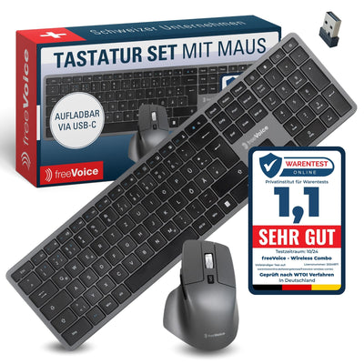 freeVoice Tastatur Set inkl. Maus I Kabellose & wiederaufladbare Tastatur für Laptop & Computer I Leise Computer-Tastatur mit Easy-Switch Taste I Flaches Keyboard für Büro, Zuhause & Home-Office