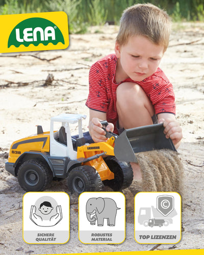 Lena Worxx Radlader Liebherr L538 Litronic 48 cm, realistisches Baustellenfahrzeug, Robustes Spielzeug mit funktionstüchtiger Schaufel und Griff, für Kinder ab 3 Jahren, Gelb