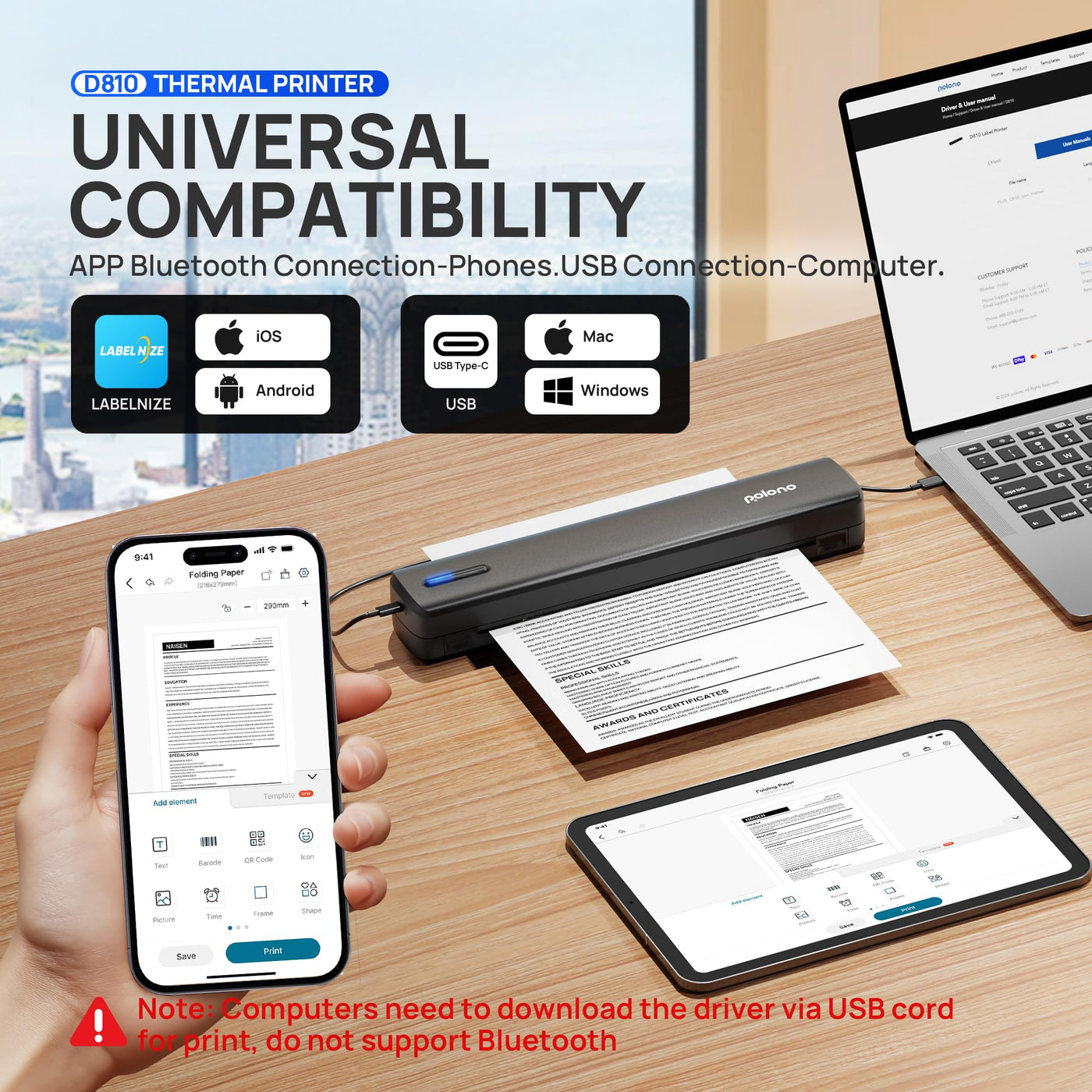 POLONO D810 Thermodrucker A4 Wireless für Reisen, Mobiler Drucker A4 Unterstützung für 8.5"x11" US Brief, Tragbarer drucker Kompatibel mit iOS, Android, Laptop für Büro, Auto, Schwarz