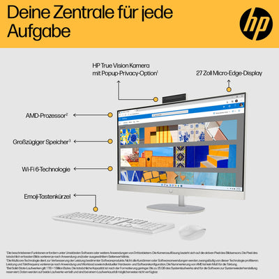 HP All-in-One Desktop-PC, 27" FHD Display, AMD Ryzen 5 7520U, 16 GB DDR5 RAM, 1 TB SSD, AMD Radeon-Grafikeinheit, Windows 11 Home, QWERTZ, Weiß, [Exklusiv bei Amazon]