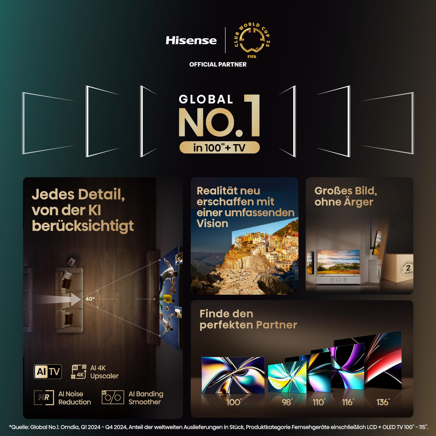 Hisense 100U7KQ (100 Zoll) Fernseher 4K Mini LED ULED HDR Smart TV, Quantum Dot, 144Hz, HDMI 2.1, Game Mode Pro, Dolby Vision IQ & Atmos, Bluetooth, Alexa Built-in, Anthrazit