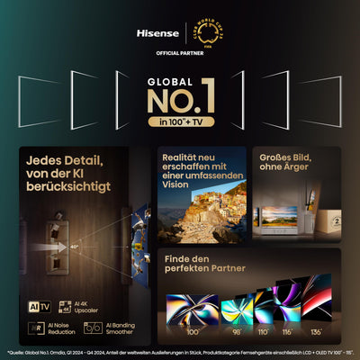 Hisense 100U7KQ (100 Zoll) Fernseher 4K Mini LED ULED HDR Smart TV, Quantum Dot, 144Hz, HDMI 2.1, Game Mode Pro, Dolby Vision IQ & Atmos, Bluetooth, Alexa Built-in, Anthrazit