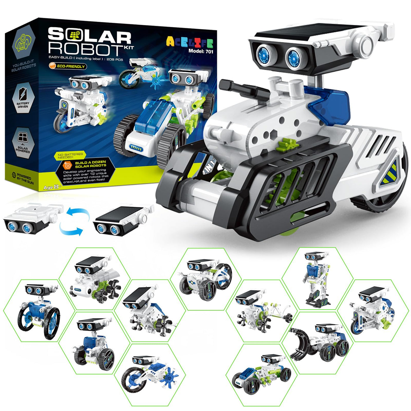 Solar Roboter Spielzeug für Kinder, 12-in-1 Solar Robot Kit Solar oder Wiederaufladbar Batterie Betrieben DIY STEM Bauspielzeug Experimente Spielzeug BausatzJunge ab 8 9 10 11 12 13 Jahren