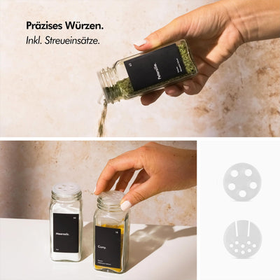 KIVY Gewürzgläser mit Streueinsatz [24x 120ml] + 240 Wasserfeste Label - Luftdichte Gewürzgläser Schwarz - Gewürzstreuer Glas Sticker - Gewürzgläser schwarzer Deckel - Gewürzdosen Schwarz