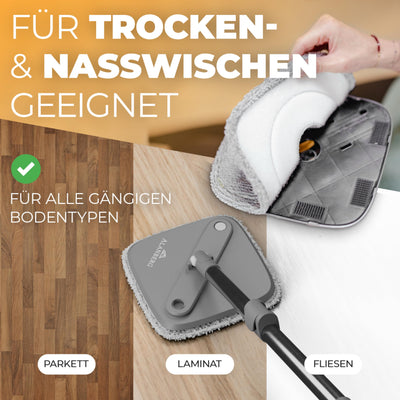 ALANBERG® Wischmopp Set mit Eimer – 2-Kammer-System für Schmutz- & Frischwassertrennung – Selbstauswringend, Mikrofaser Wischpads – Bodenwischer für alle Böden, Grau