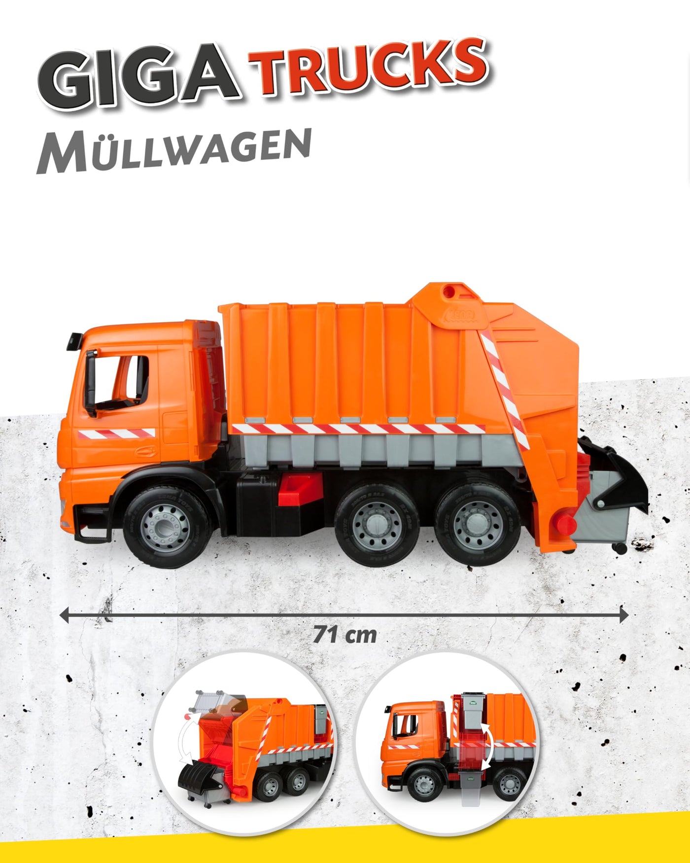 Lena 02168 - Starke Riesen Müllwagen Mercedes Benz Arocs, orange, ca. 74 cm, Müllfahrzeug mit 3 Achsen, großes Spielfahrzeug für Kinder ab 3 Jahre
