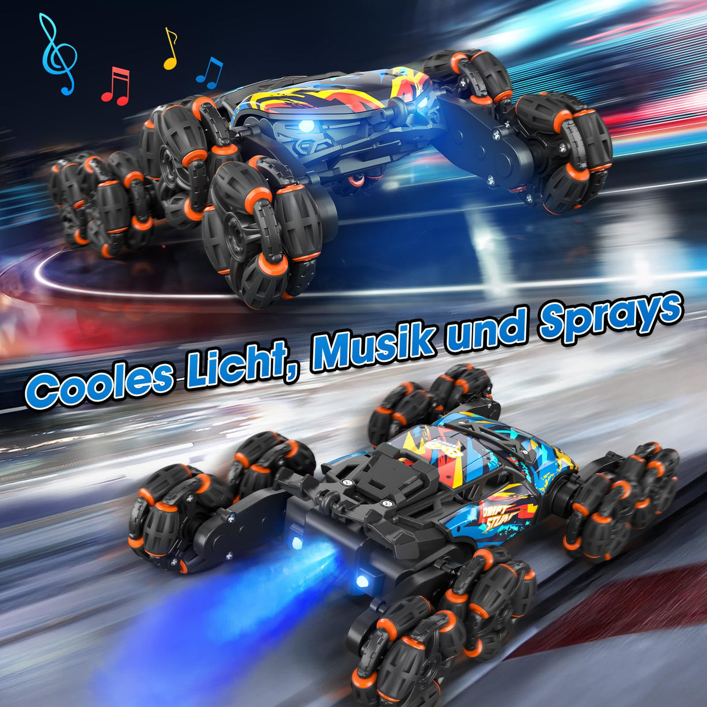 Ferngesteuertes Auto, Ferngesteuertes Auto ab 3 4 5 6 7 8 9 10 Jahre Kinder, 8WD Stunt und Handsteuerung, RC Drift Car mit LED Licht, Musik und Spray, RC Spielzeug Geschenk ab 3-12 Jahre Junge