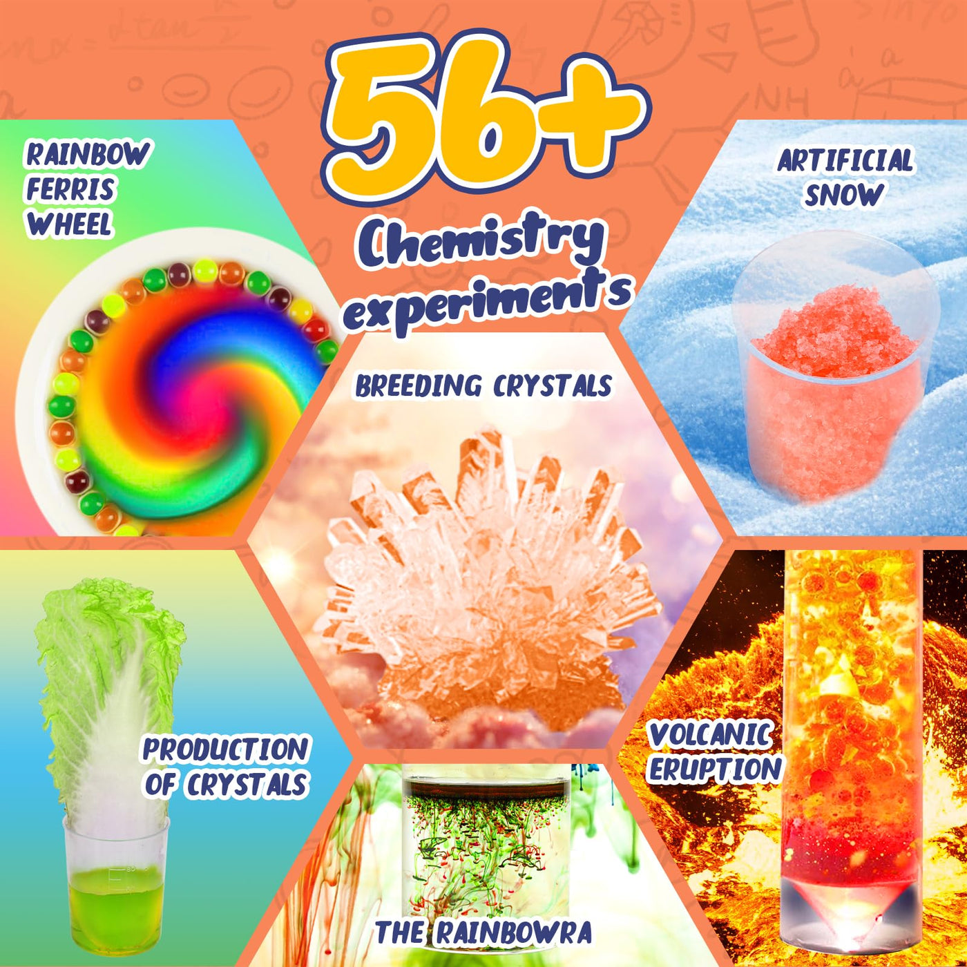WixbFyn 56 Experimentierset für Kinder - Schul-Labor-Experimentierkästen, Bildungsspielzeug für Jungen und Mädchen im Alter von 3 bis 14 Jahren, Kristalle züchten, Regenbogenregen erzeugen, MYJ668-H