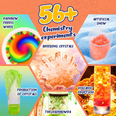 WixbFyn 56 Experimentierset für Kinder - Schul-Labor-Experimentierkästen, Bildungsspielzeug für Jungen und Mädchen im Alter von 3 bis 14 Jahren, Kristalle züchten, Regenbogenregen erzeugen, MYJ668-H