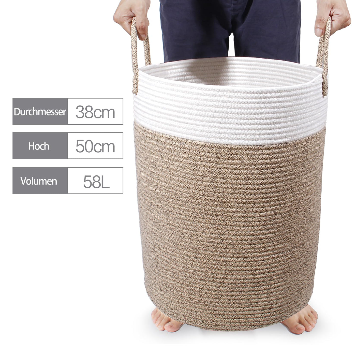 SYLANDO Wäschekorb mit Henkel, Spielzeug Aufbewahrung, Aufbewahrungsbox Geflochten, Wäschesammler Groß, Aufbewahrungskorb Kinderzimmer (Braun&Weiß, D 38 x H 50 CM)