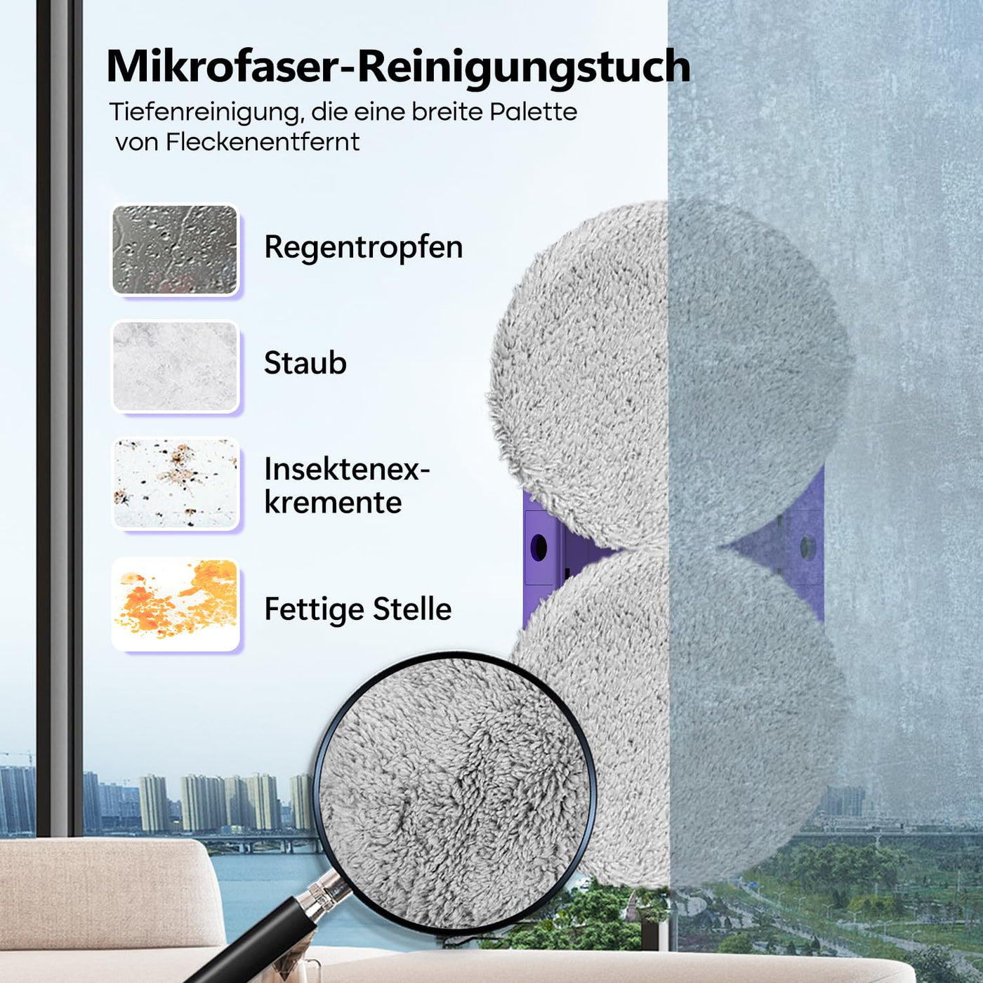 SUNSMAI Dual Side Spray Fensterputzroboter, Anti-verstopfungsfreie Elektrisch Automatischer Fensterroboter mit Wassersprühfunktion,3800pa Starke Anti-Drop Automatischer Fensterputzer,12 Tücher (Lila)
