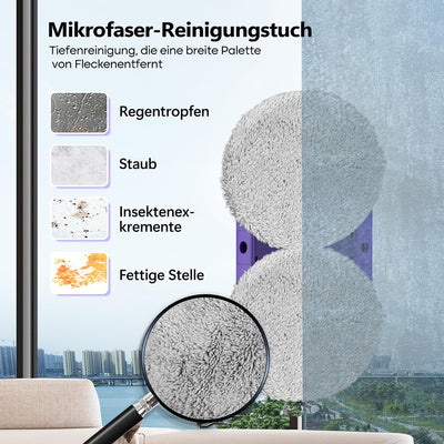 SUNSMAI Dual Side Spray Fensterputzroboter, Anti-verstopfungsfreie Elektrisch Automatischer Fensterroboter mit Wassersprühfunktion,3800pa Starke Anti-Drop Automatischer Fensterputzer,12 Tücher (Lila)