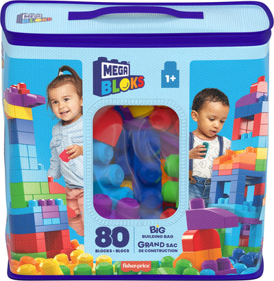MEGA BLOKS Fisher-Price Bausteine für Kleinkinder, großer Bausteinebeutel mit 80 Teilen und Aufbewahrungsmöglichkeit, Blau, Geschenkideen für Kinder ab 1 Jahr, DCH63