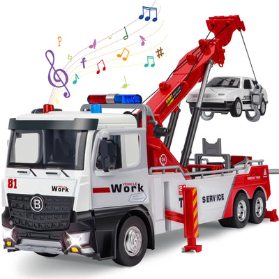Charmofun Abschleppwagen Spielzeug Kinder, Transporter Lastwagen mit Beweglichem Kran, Recovery Abschlepper Spielzeug mit Licht und Sounds, Geschenk Vielseitiger Abschleppauto für Kinder ab 3 Jahren