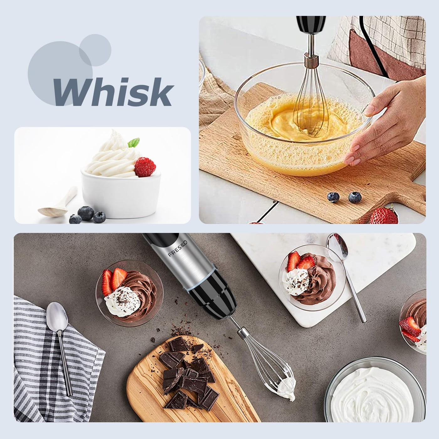 FRESKO 4-in-1 Stabmixer Edelstahl, 1000W Pürierstab mit 12 Geschwindigkeiten und Turbo-Modi, Inklusive Schneebesen, 500ml Lebensmittelhacker und 700ml Messbecher, für Babynahrung, Suppe, Smoothies