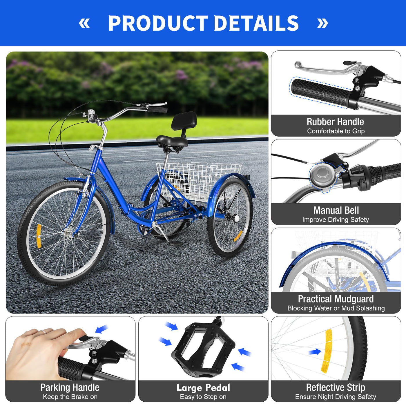 Taozhiyy 24 Zoll Dreirad Erwachsene, Faltbar 3 Rad Fahrrad, 7 Speed 3 Räder Cruise Bike mit Korb Rückenlehne, Trike Tricycle Scheibenbremse Belastung 120kg (Blau)
