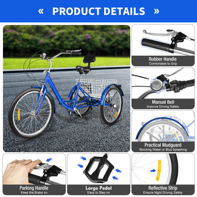 Taozhiyy 24 Zoll Dreirad Erwachsene, Faltbar 3 Rad Fahrrad, 7 Speed 3 Räder Cruise Bike mit Korb Rückenlehne, Trike Tricycle Scheibenbremse Belastung 120kg (Blau)