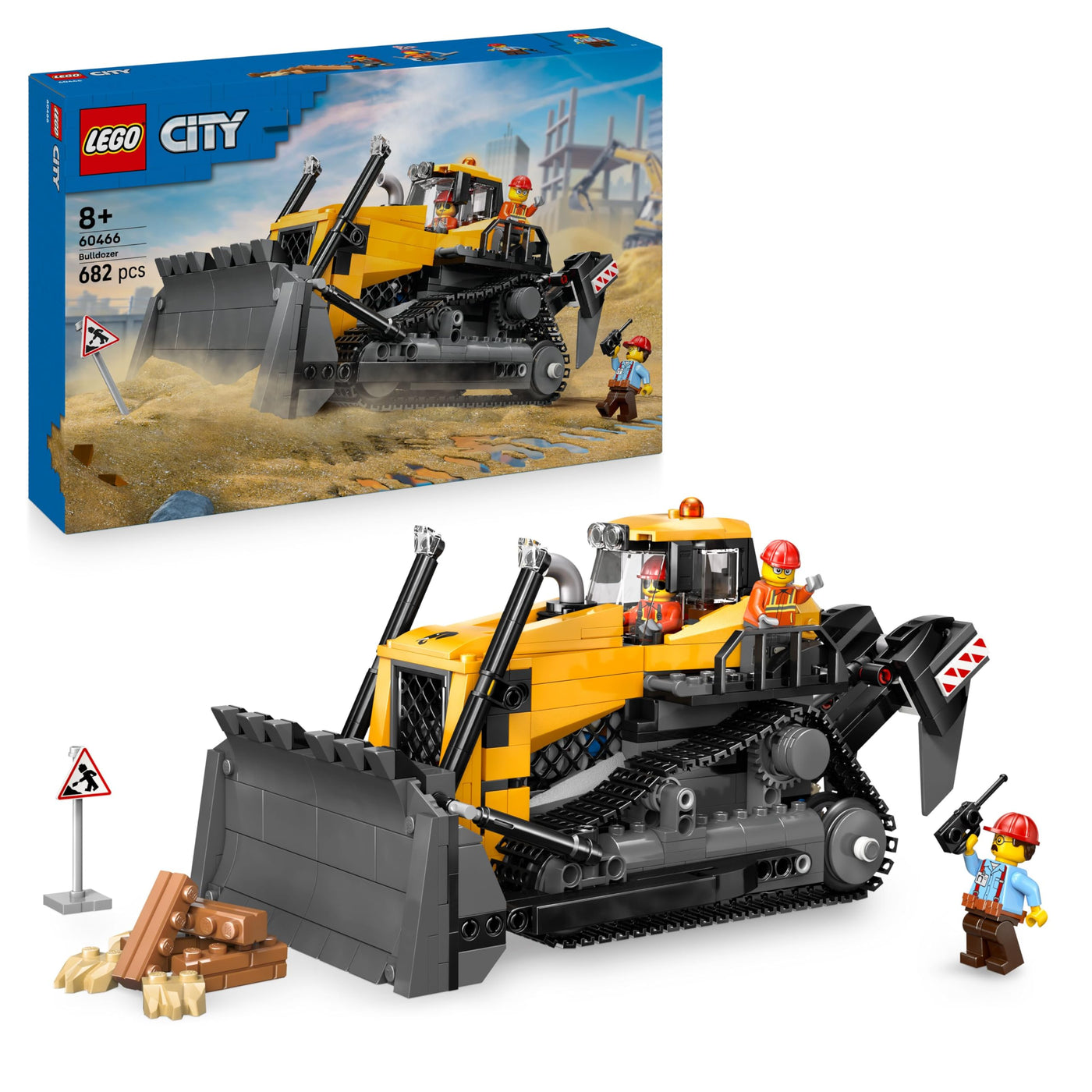 LEGO City Gelber Bulldozer Set – Spielzeugbaustelle, BAU- und Spielset – wirklichkeitsgetreue Baumaschine mit Fahrer und 2 Bauarbeitern – Geschenkidee für Kinder ab 8 Jahren – 60466