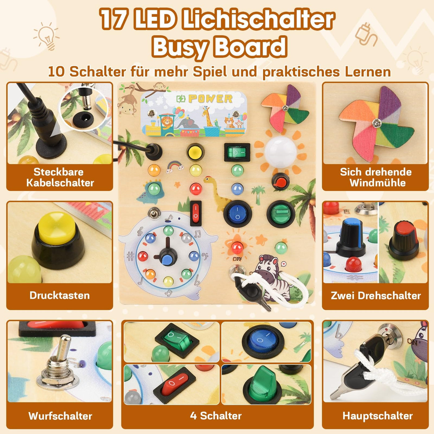 MILFECH Montessori Spielzeug Busy Board mit LED Lichtschalter Activity Board Holzspielzeug,17 LED Motorikspielzeug Sensorik Spielzeug Lernspielzeug für Babys Kleinkinder Jungen Mädchen ab 1 2 3 4 Jahr