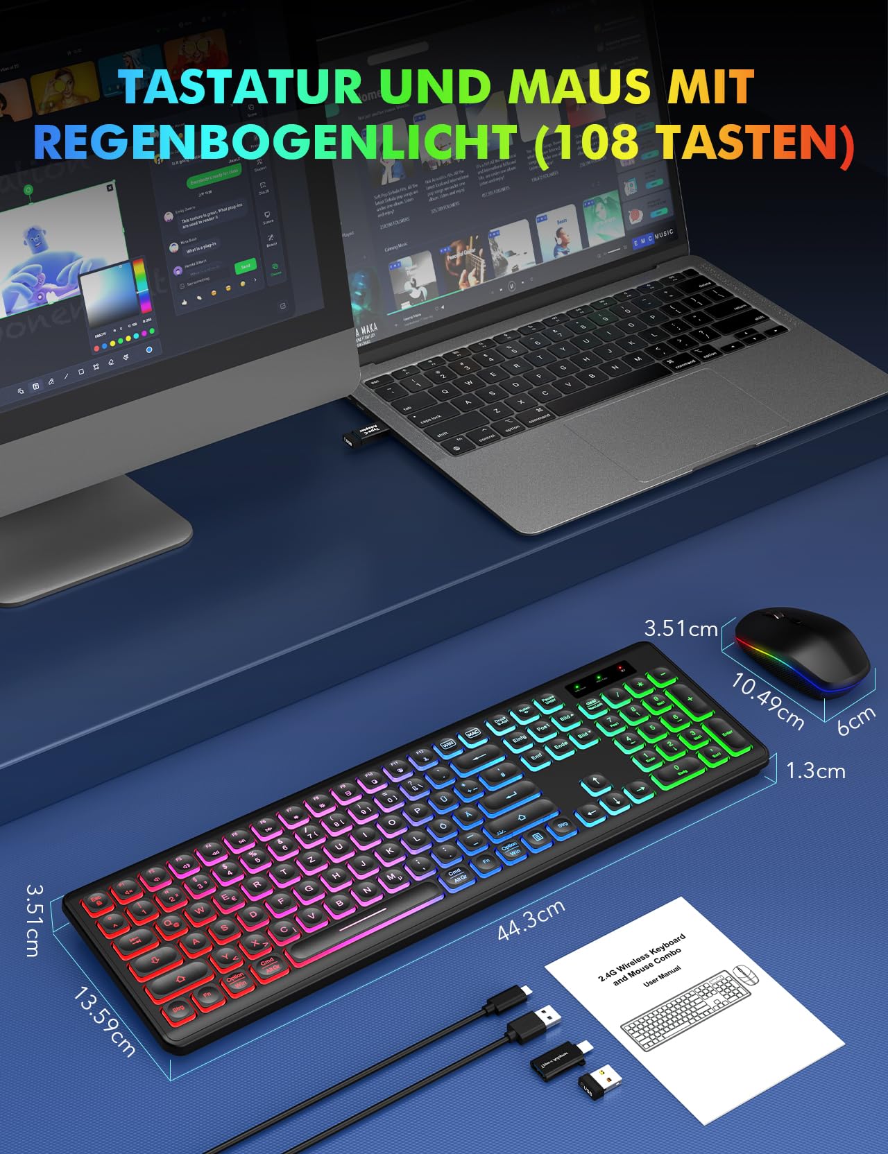 Tastatur Maus Set Kabellos Beleuchtete, wiederaufladbar & Automatischer Schlaf, verstellbare Höhe, 2,4 GHz LED leise USB-A & USB-C Funktastatur mit Maus, für Mac OS/Windows/PC/Laptop-Schwarz, QWERTZ