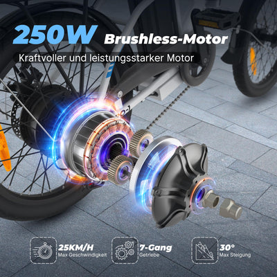 VARUN E Bike, 20 Zoll Ebike klapprad mit 48V Lithium-Akku, 250W Motor, E-Bike Damen Herren mit 5 Modi, 7-Gang Getriebe, Pedelec Elektrofahrrad City Ebike mit LCD-Display, EU-Konformes