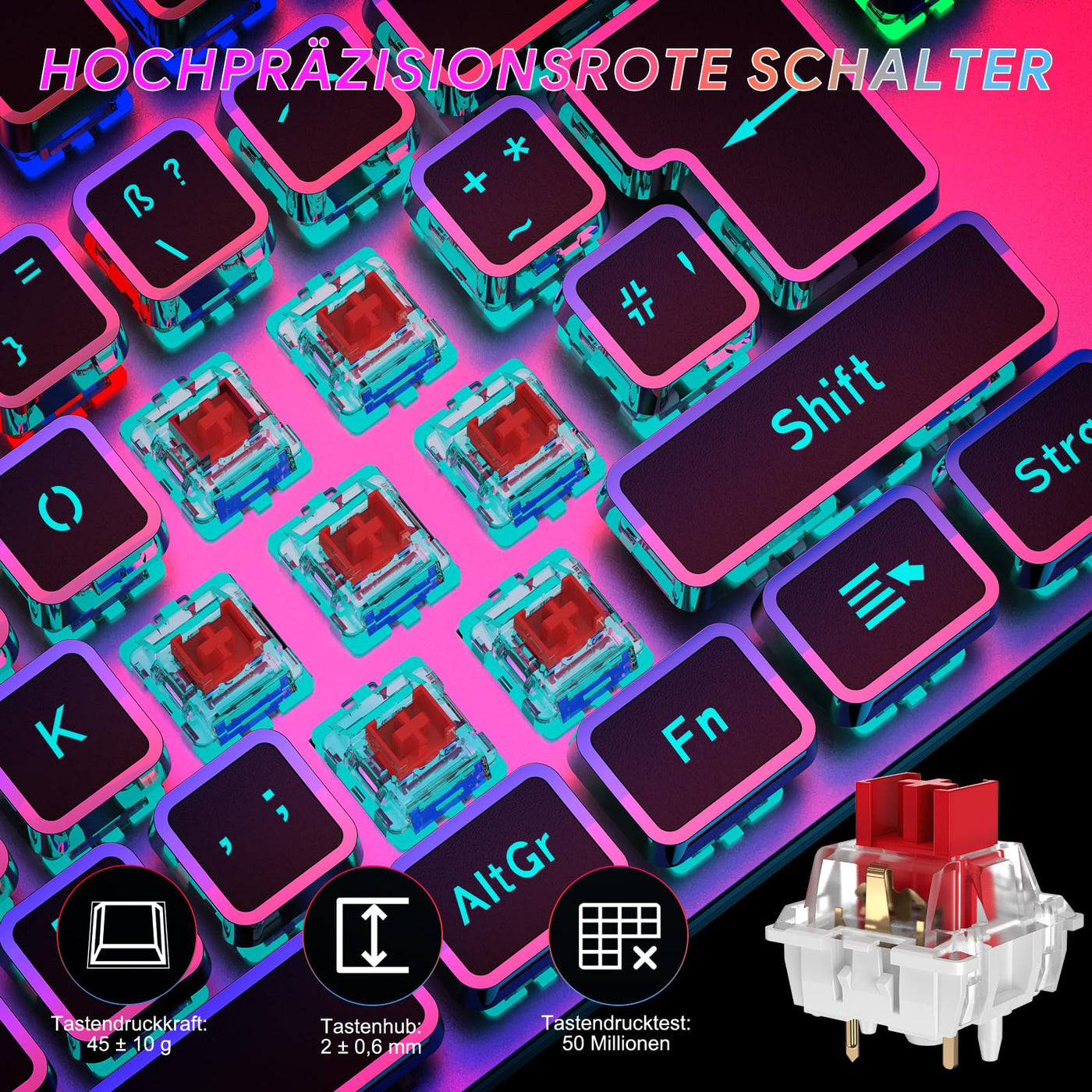 TECURS Mechanische Gaming Tastatur - QWERTZ Mechanical Keyboard mit Magnetische Handgelenkauflage, Multimedia-Tasten, 105 Tasten Kabelgebundene Rote Schalter Tastatur für PC/PS5/PS4, 19 LED Modi