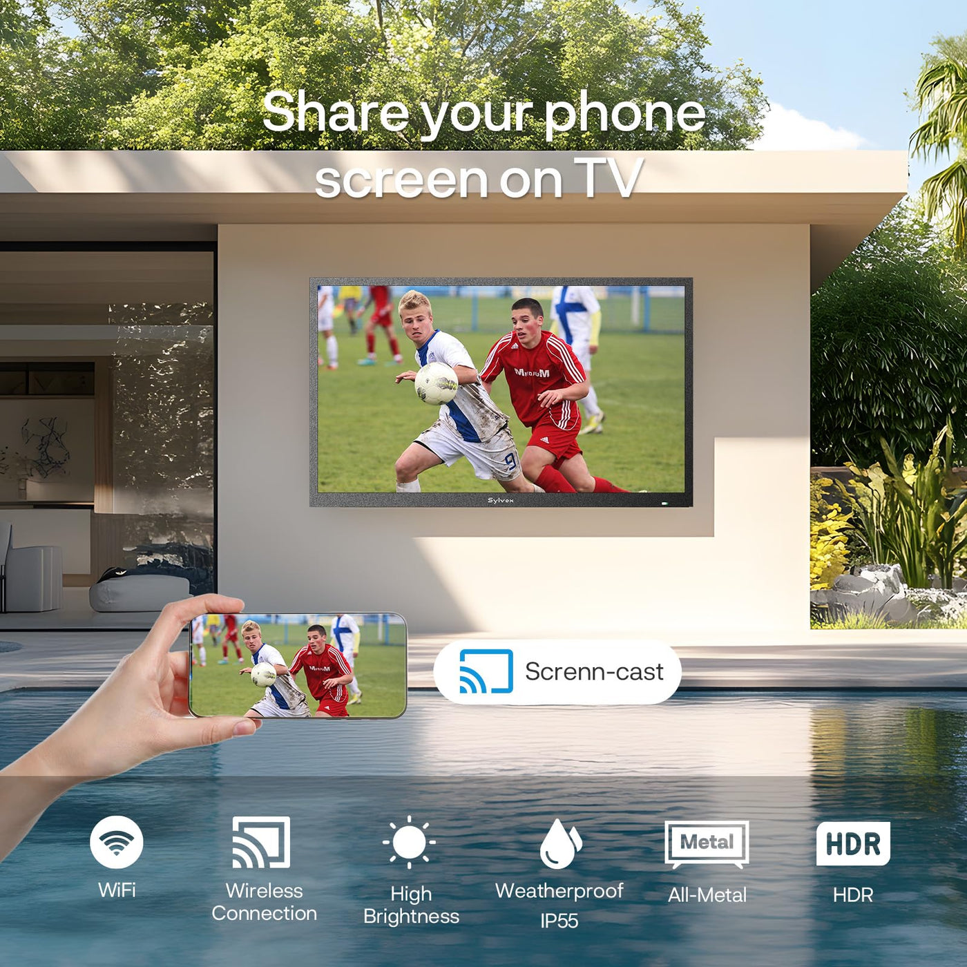 SYLVOX 32 Zoll Outdoor TV, IP55 wasserdichte Smart Google TV mit 1500 Nits Helligkeit, 1080P FHD, Wetterfester Outdoor Fernseher für Garten, Terrasse, Balkon (Pool SE 2025)