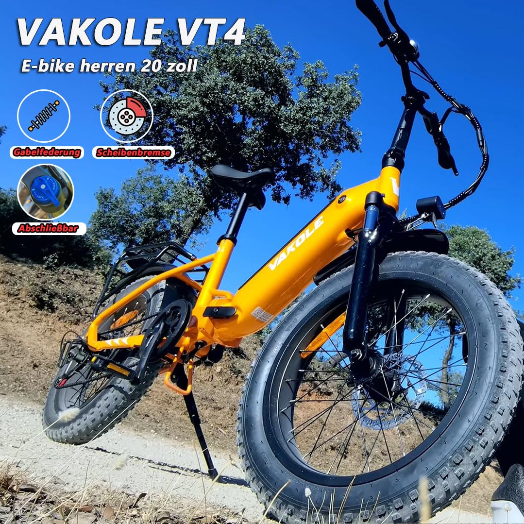 VAKOLE VT4 E-Bike Klapprad 20 Zoll Tiefeinsteiger Elektrofahrräder mit 36V 13Ah Akku, 75Km Reichweite - 3.0 Zoll Reifen E-Fahrrad, 7-Gang Fatbike Ebike für Herren Damen