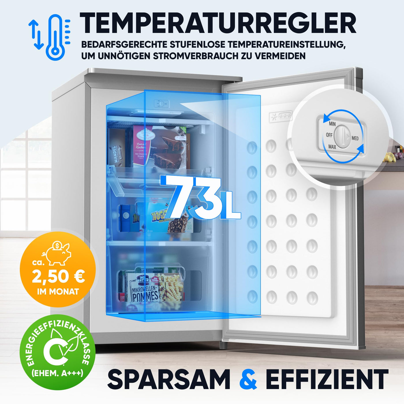 Stillstern Gefrierschrank C (73L) 4-Sterne-Gefrierfach -18°C, geringer Energieverbrauch, 3 Fächer, stufenlos regelbare Temperatur, wechselbarer Türanschlag, Gefrierschrank Klein, Tiefkühlschrank